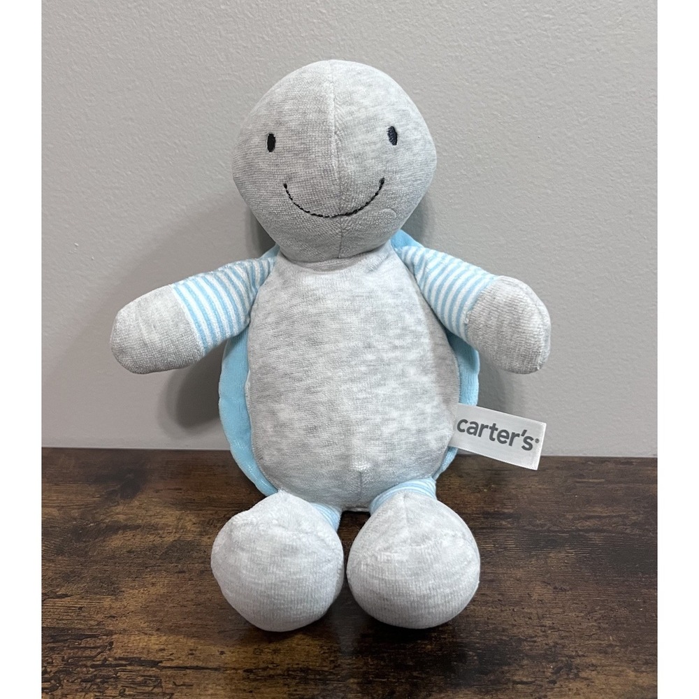 Carters Turtle 9" Plush Rattle Gray Green Blue White Stripes READ DESCRIPTION